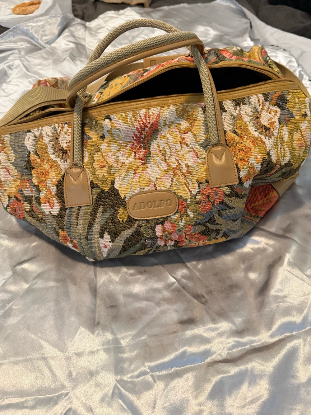 Vintage Adolfo Floral Tapestry Travel Satchel in Mustard and Multicolor